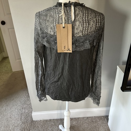 POL Tunic Top sz Small Gray Lacy Neck Line And Long Sleeves Rayon - Picture 5 of 10