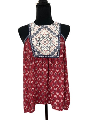 Xhilaration Gr. L Bohemian Chic Top Chiffon Strickeinsatz Tank Kreuzstich Azteken