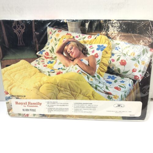 Vtg Royal Family Cannon Full Sheet Set No Iron Percale Bed Bright Flowers USA - Picture 3 of 8