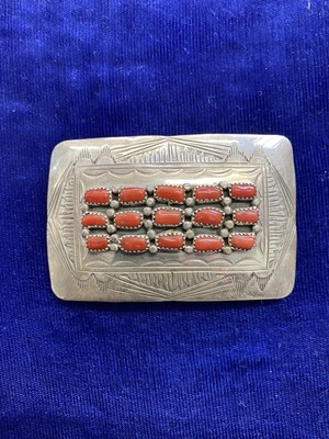 Native American sterling silver belt buckle, coral stones, please read desc....