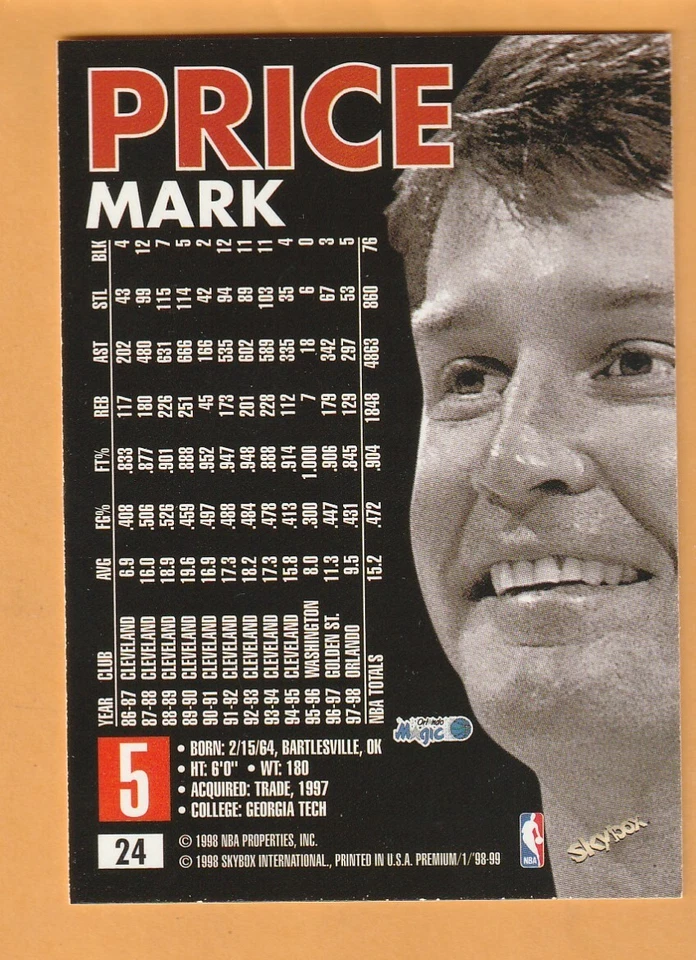 Mark Price Orlando Magic 1998-99 SkyBox Premium #24 Georgia Tech 13A - Image 2 of 2