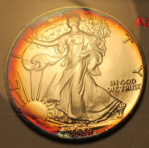 1989 - Silver American Eagle - Rainbow Toned - UNC