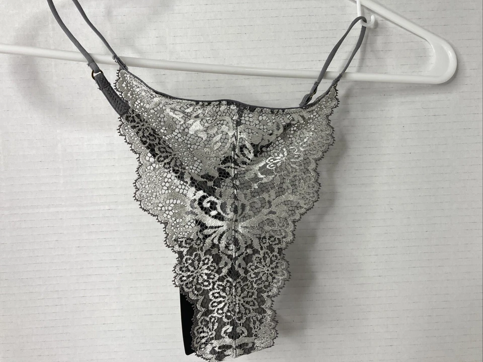 New Josie Natori Panties Cheeky Thong Stretch Lace Floral Size Large Grey NWT - Image 4 of 4