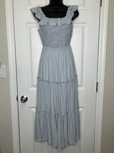 Old Navy Womens SZ XS Maxi Dress Blue Stripe Tiered Ruffle Peasant Cottage Core