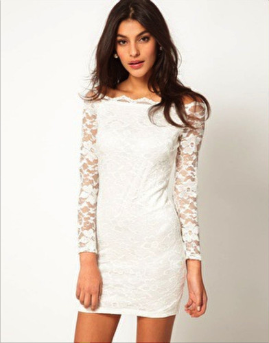 Classic Sexy Women's Lace Bodycon Off Shoulder Long Sleeve Evening Party Dress - Picture 7 of 14