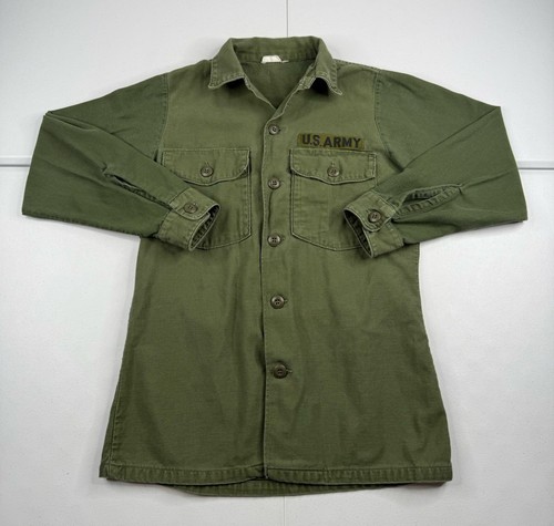 Vtg US Army Field Shirt OG Cotton Sateen Vietnam 60s 70s Military Small 14.5x31