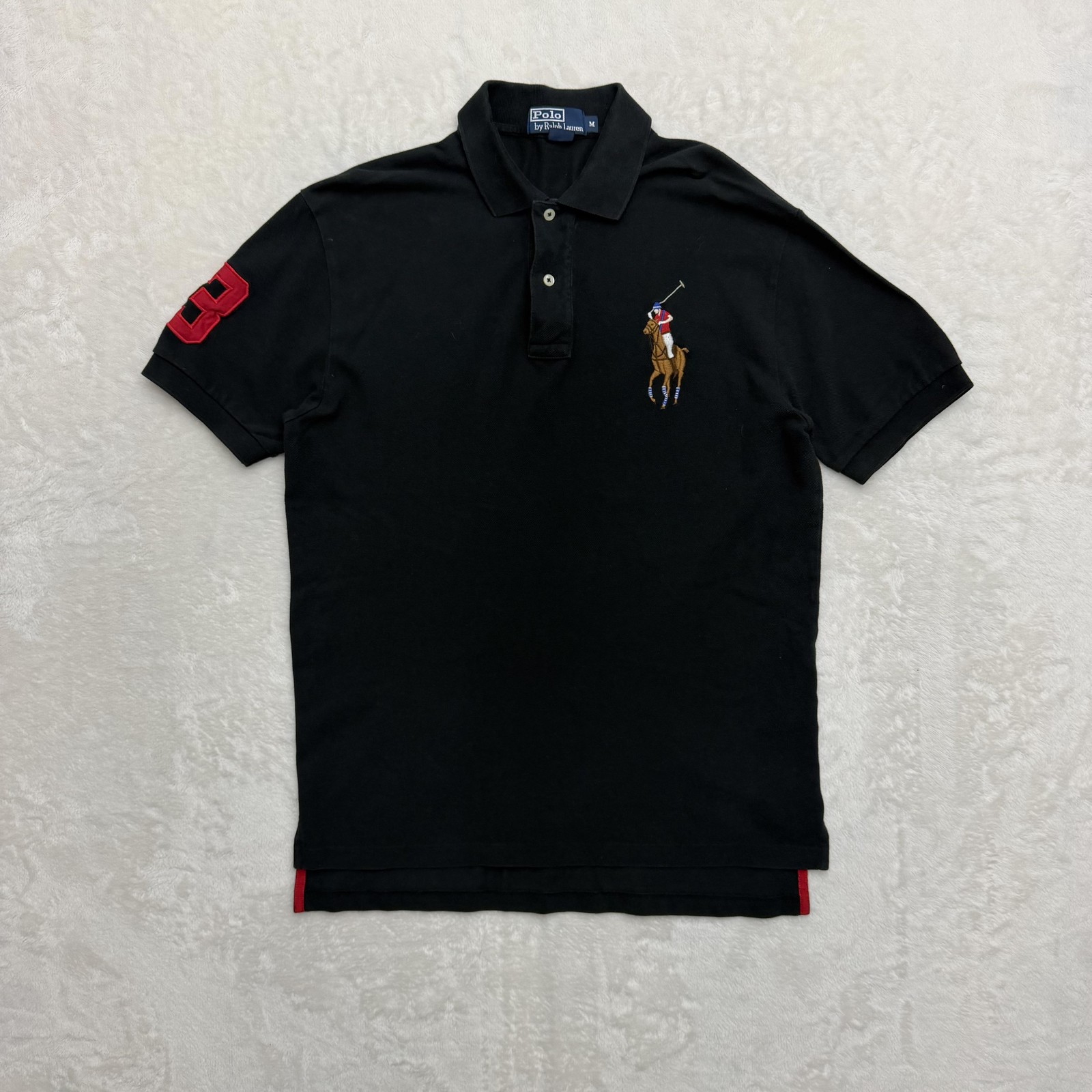 Ralph Lauren Polo Shirt Mens Medium Black Big Pony 3 Logo Cotton Pique