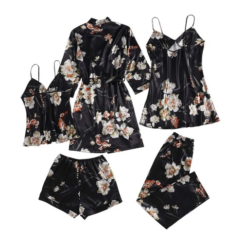 LuxeNights 5pcs Floral Print Satin PJ Set in Black, Size S - Picture 2 of 2