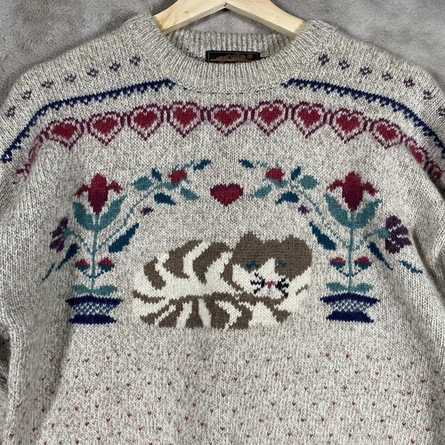 Vintage 90s Eddie Bauer Cat Sweater Women M Hearts Floral Cottagecore Grannycore - 第 3/12 張圖片