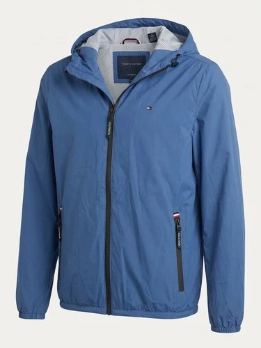Tommy Hilfiger Men’s Dusty Blue Packable Hooded Raincoat - product listing photo