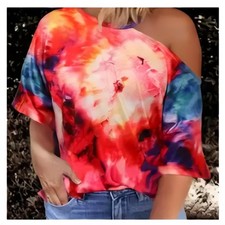 Colorful Tie Dye Cold Shoulder Short Sleeve Top, Sz 2X - EUC