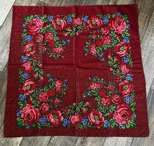 Vintage Womens Pure Virgin Wool Floral Wrap Square Scarf Hand Screen Printed