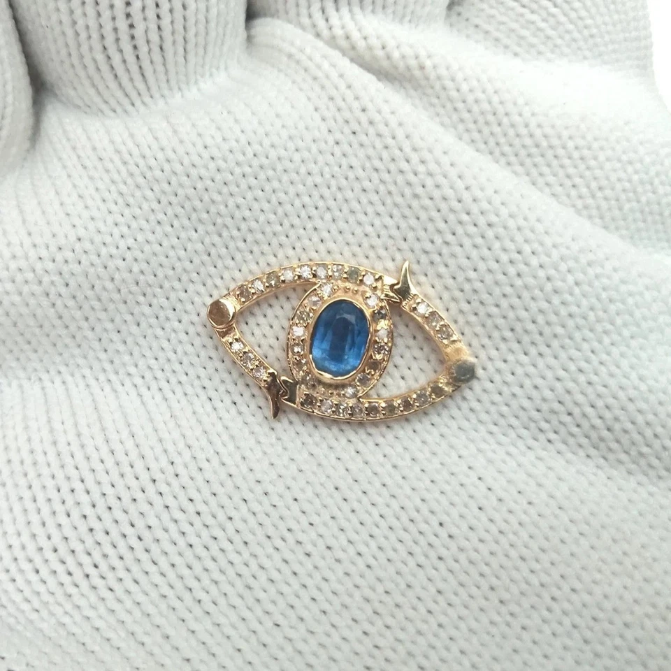 Mosquetón Oro Sólido 14k Doble Cierre Lateral Zafiro Azul Diamante Diseño Mal de Ojo Foto 2 de 4