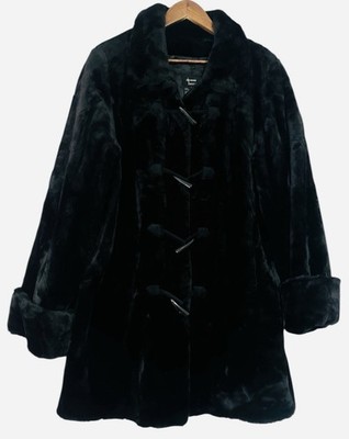 Dennis Basso Black Faux Fur Coat Size L Full Zip Toggle Closure Winter Warm Snow