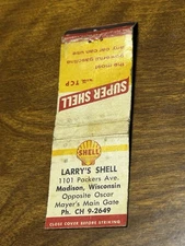 LARRY’s SHELL GAS STATION MATCHBOOK MATCHCOVER MADISON WI WISCONSIN Vintage