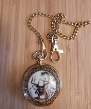 Franklin Mint Stag Pocket Watch With Chain & Belt Loop Case 