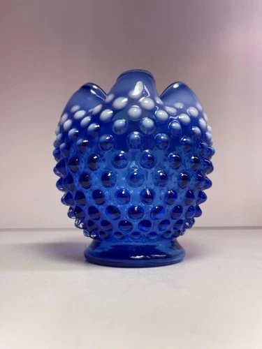 Fenton Art Glass ~ Blue Vase with White Highlights ~ Ruffled Edge