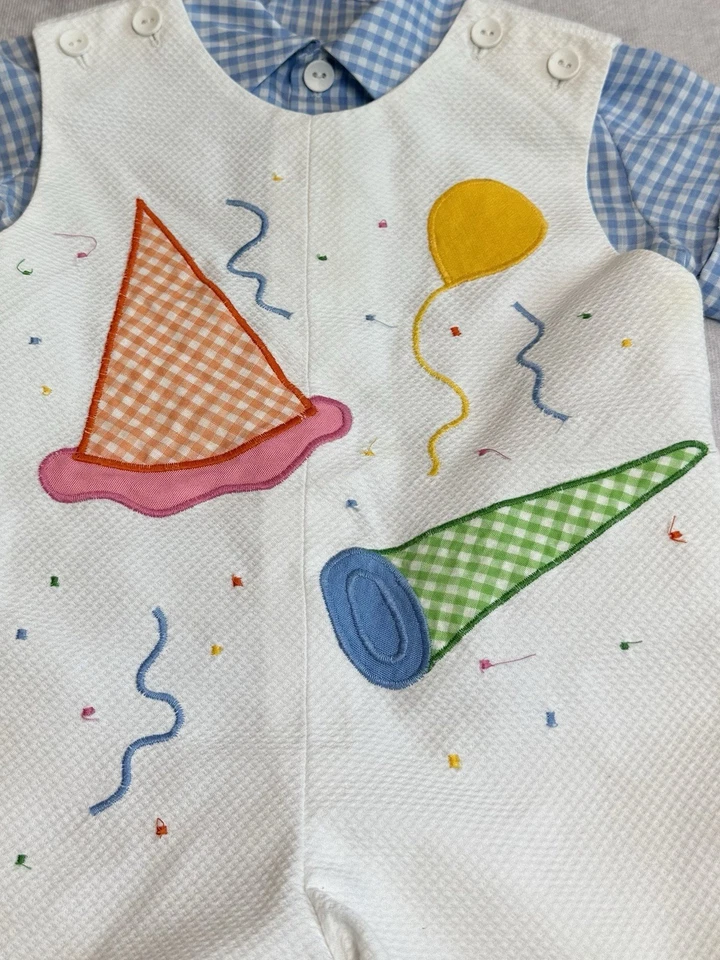 Mono de cumpleaños para niños pequeños de colección mameluco talla 24 meses camisa guinga 2 piezas Foto 2 de 4