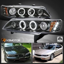 Black Fits 1994-1997 Honda Accord LED Halo Projector Headlights Left+Right 94-97