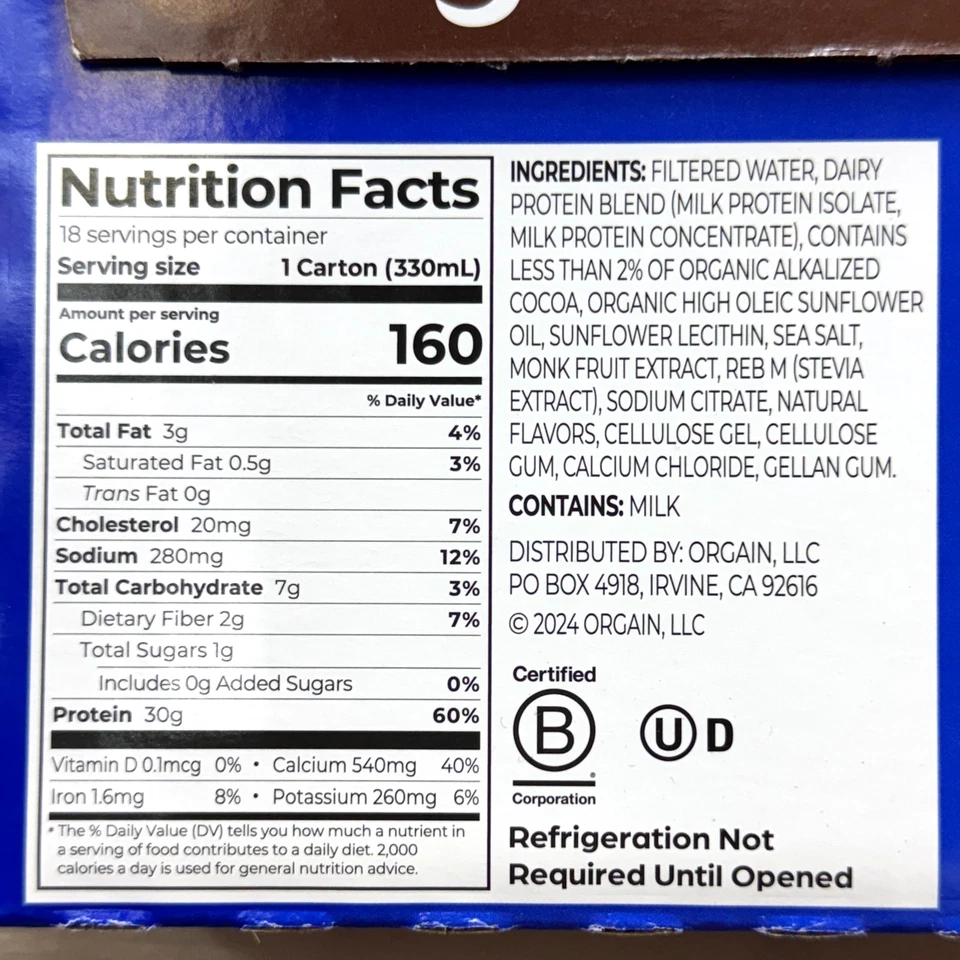 Batido de proteínas Orgain Milk 30 g chocolate dulce de azúcar 11 fl oz, 18 unidades Foto 3 de 3