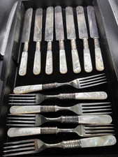 Antique Set Of Twelve Mother Of Pearl Handle Silver Forks And Knives Beautiful 