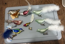 Lot Of 8 Glass Feather Tail Bird Dove Christmas Tree Clip Ornaments Green Blue