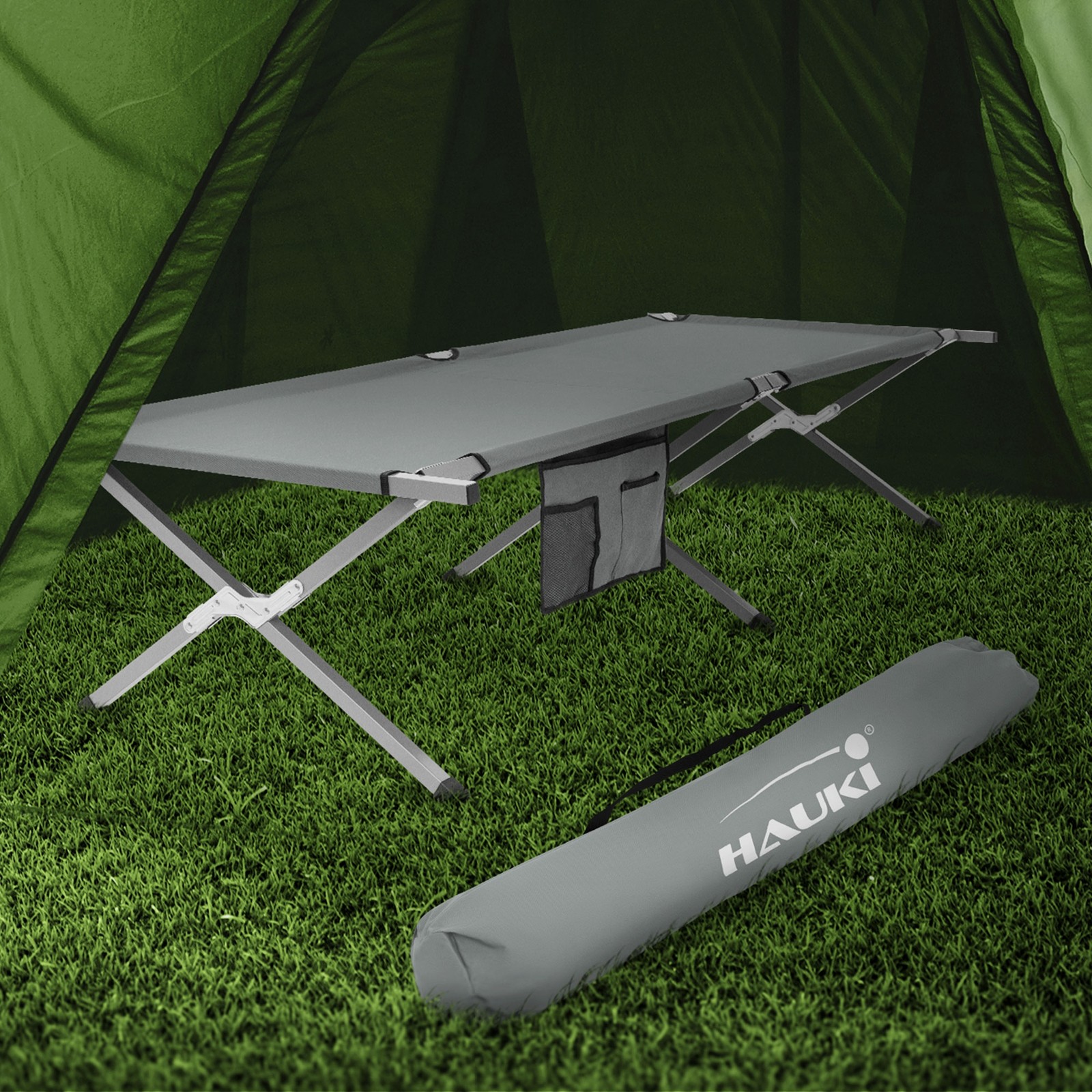 Cama de camping XL 210cm tumbona metal camilla plegable gris y bolsillo lateral