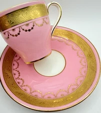 Antique Minton England Gold Gilded Demitasse Pink Cup & Saucer; Teacup