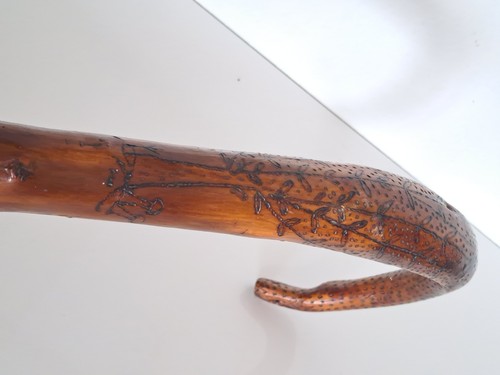 Snake Antique Massive Walking Stick Cane Follk Art Carved Wood Handmade Drawings - Picture 6 of 18