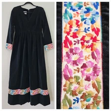 Vtg 60s Womens M Velvet Maxi Dress Black + Rainbow Color Embroidered Floral Trim