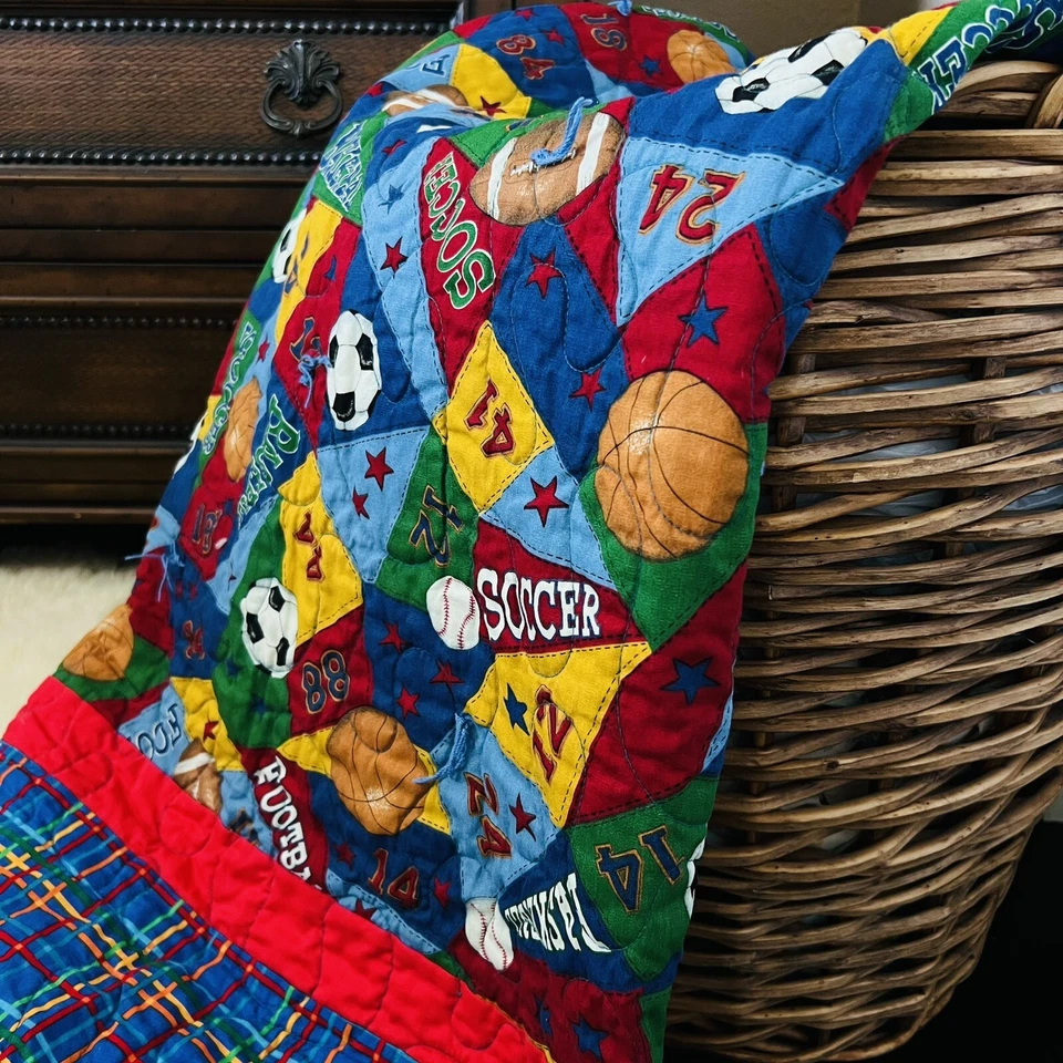 40”x56” Kids Sports Quilt Handmade Multicolor Football Baseball Sports . - Image 2 of 4