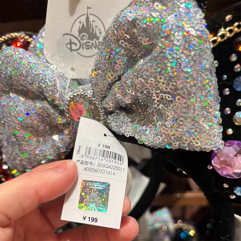 Обруч для волос Shanghai Disney 2023 Minnie Mouse Ear черный бархат серебристый бант с блестками - Изображение 3 из 4