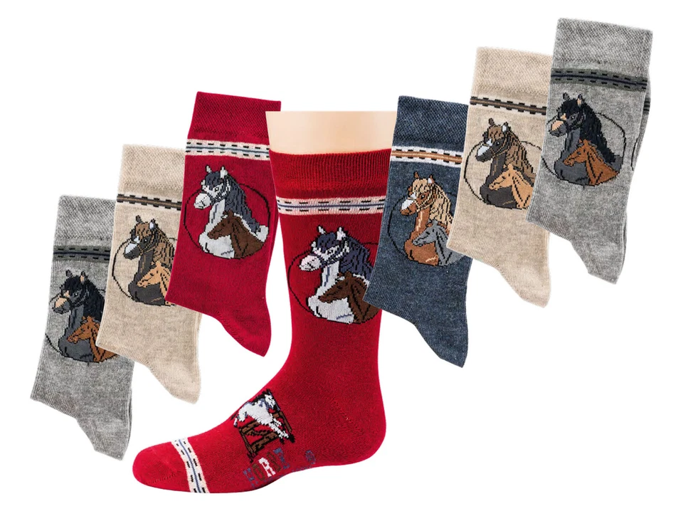 MARKENLOS Kinder Reiter-Socken, mit Dessin im 3er Pack, Motiv "Pferd"