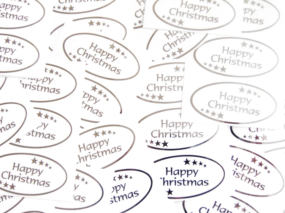 Felice Natale Adesivi Argento Lucido su Trasparente Etichette Per Carte Buste - Immagine 2 di 2