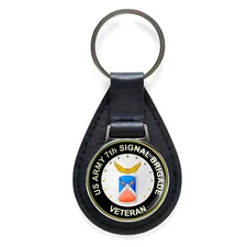 US Army 7th Signal Brigade Veteran Black Leather Keychain Silver Keyring 