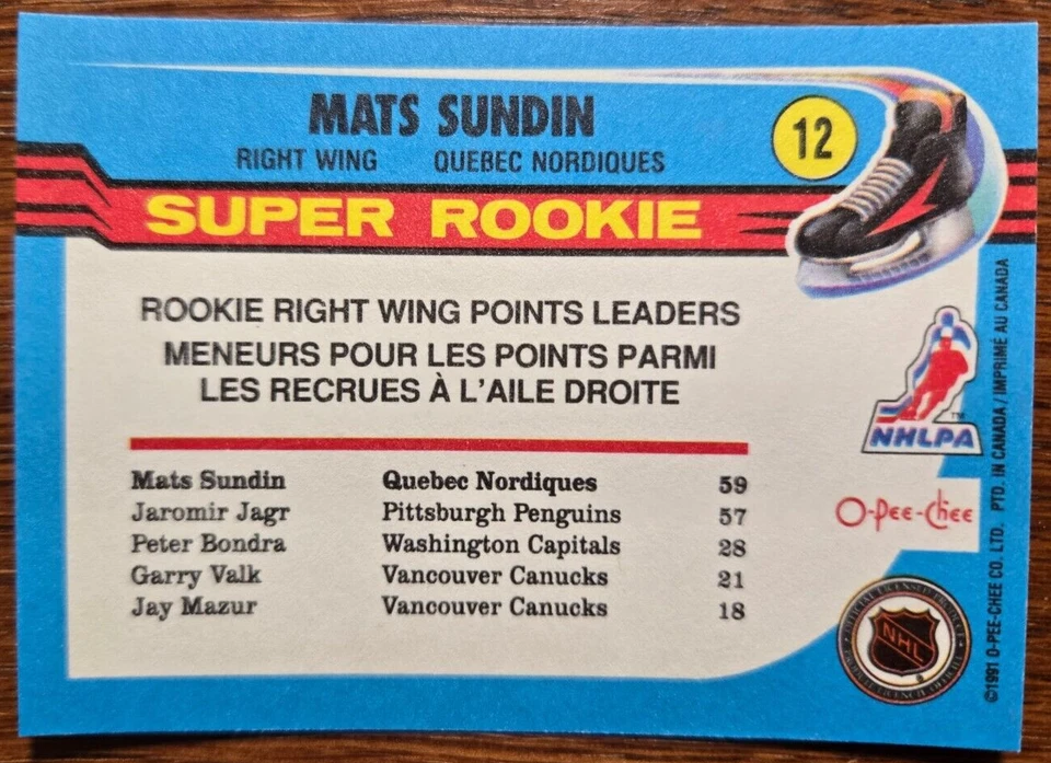 1991-92 O-Pee-Chee Mats Sundin Super Rookie #12 Quebec Nordiques Mint HOF - Image 2 of 2
