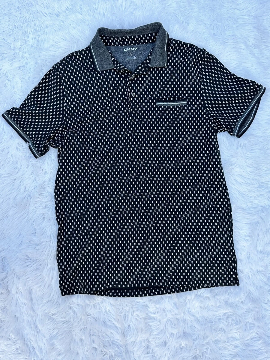 DKNY Polo Short Sleeve Collared Golf Shirt Black White Men s Large Soft Casual