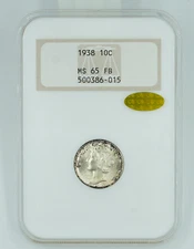 1938 NGC & CAC MS65FB Mercury Dime Gold CAC Sticker Fatty Holder