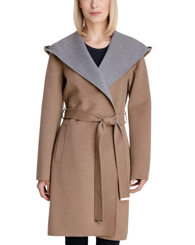 NUOVO CAPPOTTO CON CINTURA DOPPIA FACCIA MICHAEL KORS $450 GRIGIO CAMMELLO BICOLORE TAGLIA L GRANDE