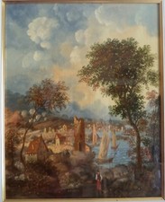 Lerains Alfredo quadro olio paesaggio di mare alberi vele case stile fiammingo