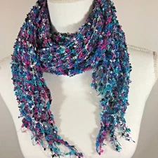 Long fringe scarf 13x68 blue pink silver white open knit textured