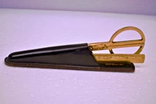 Antique Brass Folding Scissors & Cutter Ruler in Original Leather Case Travel Se