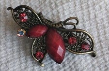 Vintage Butterfly Hair Clip Brass Tone With RED Rhinestones Butterfly Theme