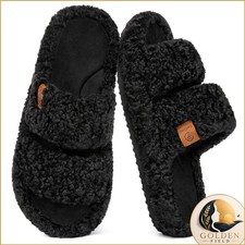 EverFoams Womens Fuzzy Open-toe Slippers Matt Black 7-8 US