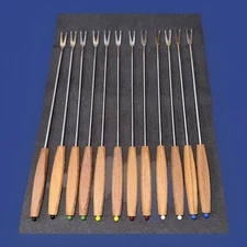Vintage Set of 12 Rostfrei Fondue Forks Teak Wood & Stainless (6) Color End Tips