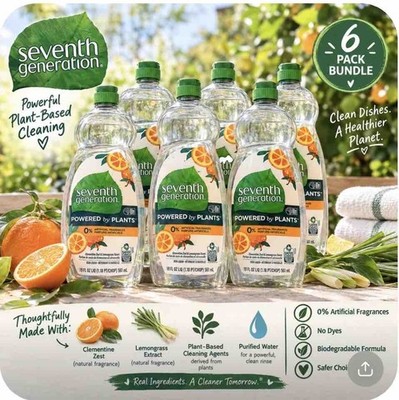 Seventh Generation Dish Soap Liquid Clementine Zest Lemongrass Scent, 6 Bottles