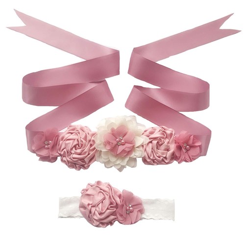 Maternity Flower Sash Belt Headband Set, Women Girls Wedding Baby Shower Sash...