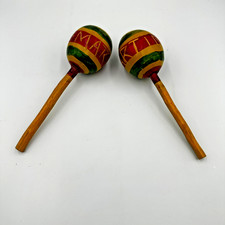 Pair Vintage Wooden Maracas Hand Painted Folk Art Musical Instruments Mexico
