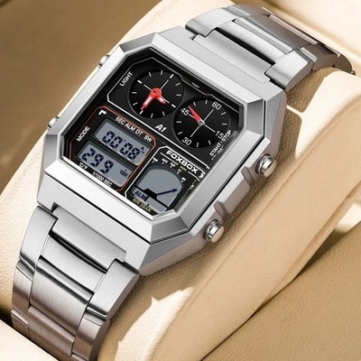 FOXBOX Herren Uhr Edelstahl Chrono Sport Digital LED Wasserdicht 3ATM