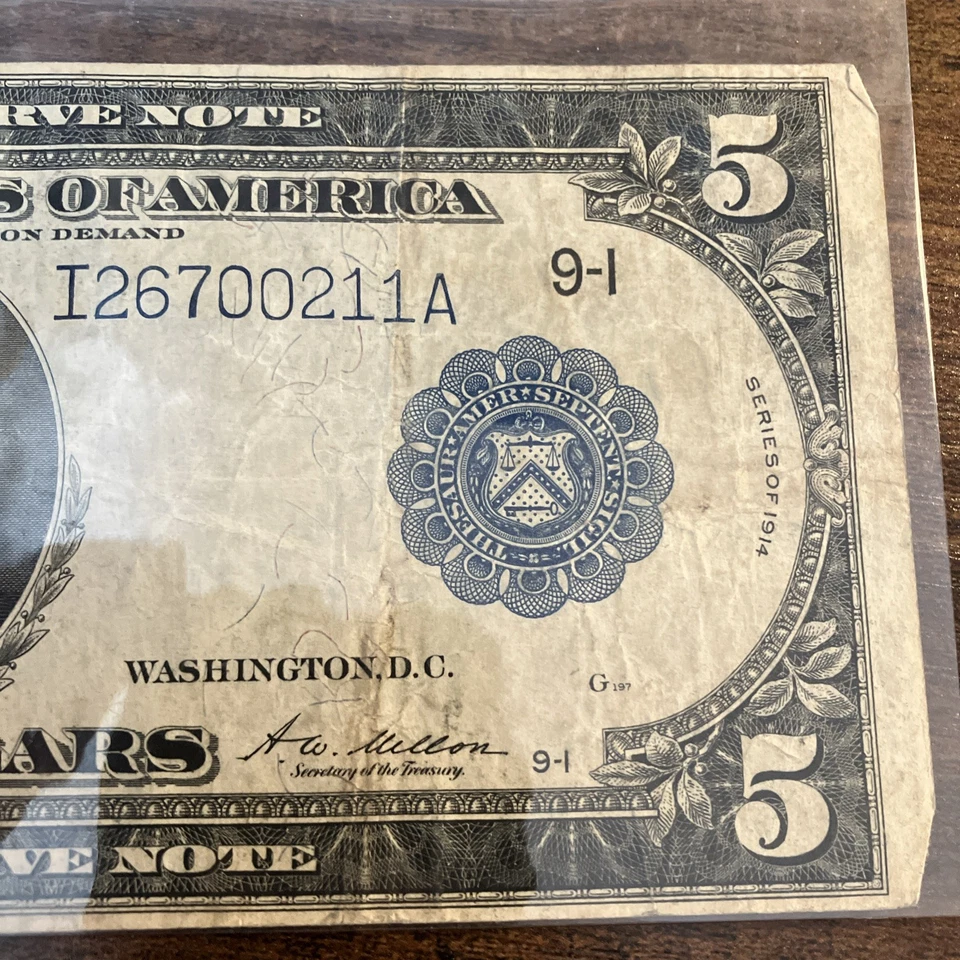 US 1914 $5 DOLLAR BILL FEDERAL RESERVE LARGE NOTE BLUE SEAL Minneapolis Bank - Image 2 of 4